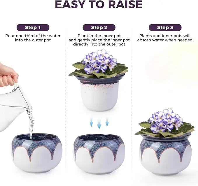 African Violet Pots, 6 inch Ceramic Easy Self Watering Plant Pot for Busy Plant Lovers, Automatically Absorb Appropriate Amount of Water, Flower Pot Indoor-Plants Not Included(Red) by GreenHaven Gardens