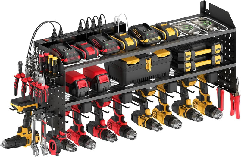 JUNNUJ Large Power Tool Organizer Wall Mount with Charging Station. Garage 8 Drill Holder Tools Battery Storage Shelf, Heavy Duty Utility Storage Rack Built in 8 Outlet 3 USB 6 FT Power Strip by GreenHaven Gardens