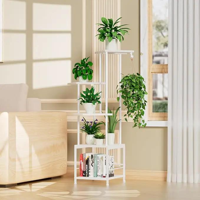 Plant Stand Indoor with Grow Light, 5-Tiered Tall Plant Stand Indoor, Metal Plant Shelf with Hanging Basket Hook and Adjustable Light, Ideal for Living Room, Garden, Patio white by GreenHaven Gardens
