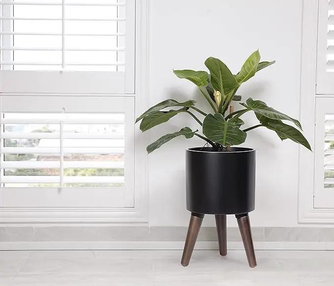 D'vine Dev 8 Inch Planter Pot with Stand, Mid-Century Tall Plant Pot with Legs for Indoor Plants, Small, Black, 88-O-A-2 by GreenHaven Gardens