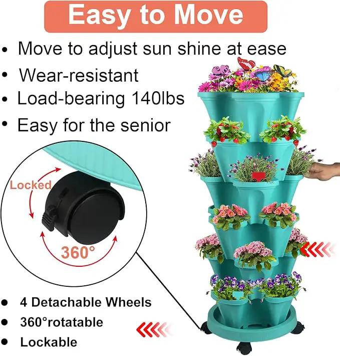 Vertical Planter, 6 Tier Stackable Strawberry Planter with Garden Tool Set, Movable Indoor/Outdoor Garden Herb Pot for Growing Vegetables and Succulents, Teal by GreenHaven Gardens