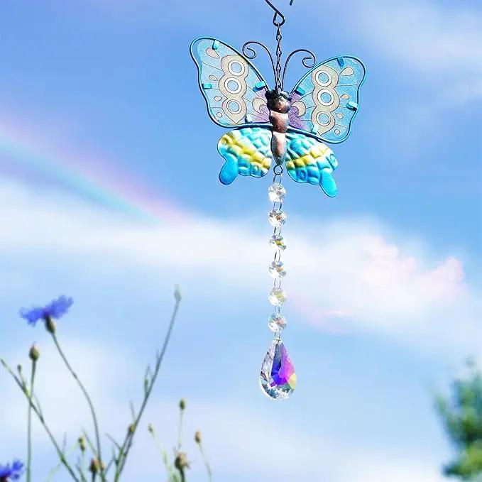Set 2 Metal Butterfly Suncatchers for Windows - 14" Outdoor Fence Wall Art Decor, Rainbow Prisms Sun Catchers with Crystals Hanging for Home Garden Ornament by GreenHaven Gardens