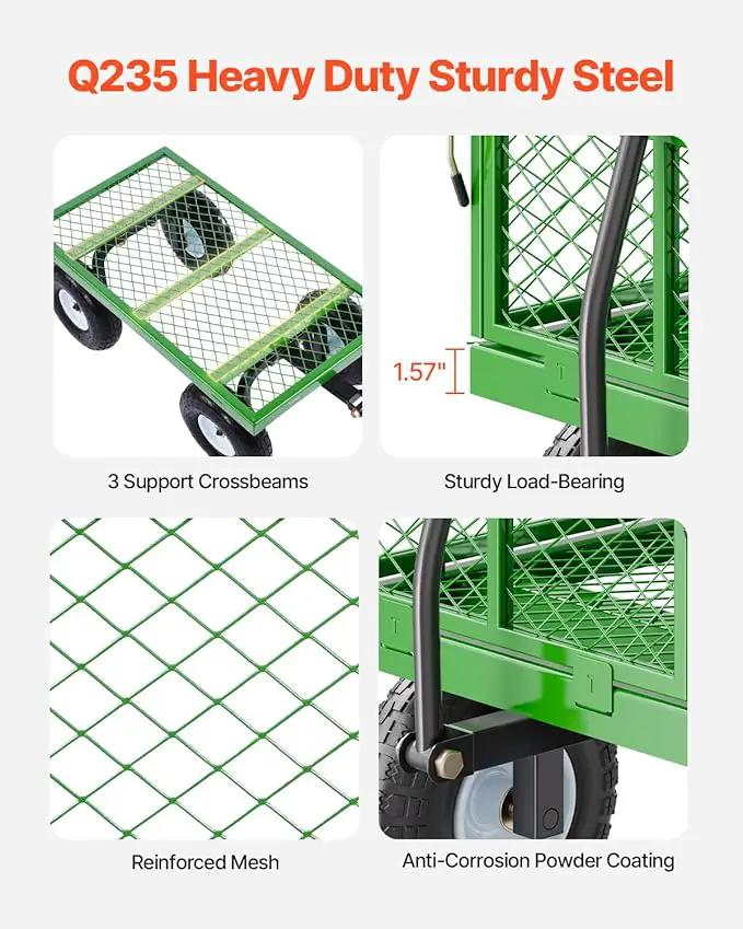 VEVOR 680 Lbs Steel Garden Cart on Wheels, Heavy Duty Garden Wagon Cart Pullable, Metal Outdoor Utility Yard Wagon Carts with 10" Tires, Mesh Removable Sides and 180°Rotating Handle by GreenHaven Gardens