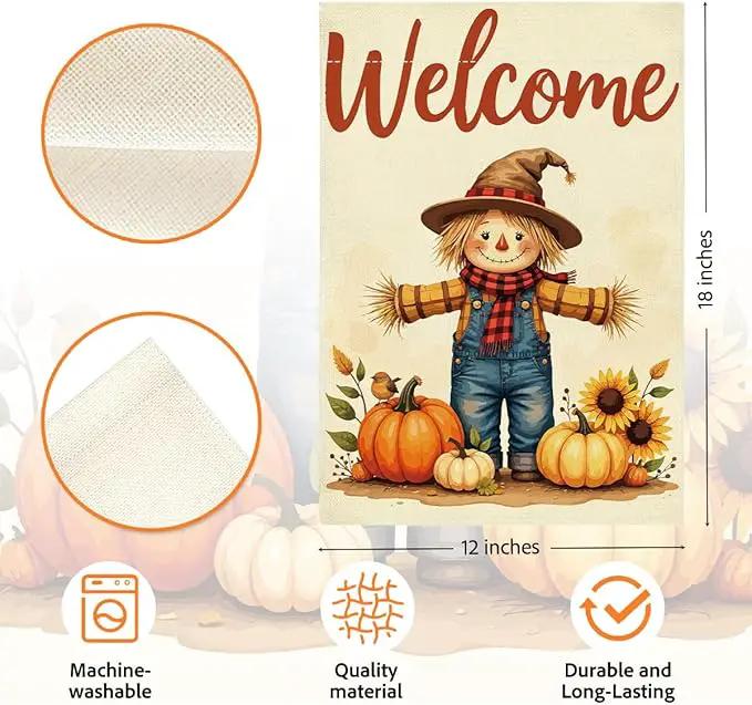 Fall Welcome Garden Flag Autumn Thanksgiving Scarecrow Garden Flag 12x18 inch Double Sided Fall Thankful Flags Holiday Decorations for Yard Lawn Patio (Flay 1810) by GreenHaven Gardens