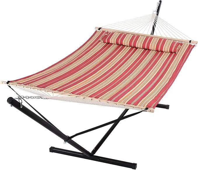 SUNCREAT Outdoor Hammock with Stand, Two Person Quilted Fabric Hammock Swing with 12ft Steel Stand, Red Stripes by GreenHaven Gardens