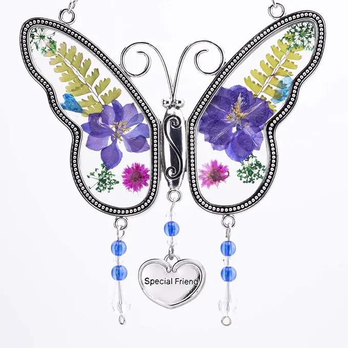 Laraine Butterfly Suncatcher with Pressed Flower Wings Mom Mother's Day Butterfly Glass Wind Chime Ornament Charm with Metal Heart Gifts for Mom Grandma Aunt Birthday (Purple Friend (with Free Hook)) by GreenHaven Gardens