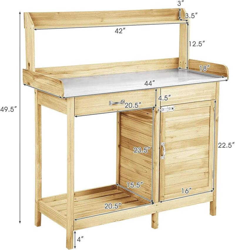 S AFSTAR Outdoor Potting Bench Table, Wooden Garden Work Station with Drawer, Storage Cabinet, Open Shelf, Side Hooks, Metal Tabletop Gardening Workbench, Potting Benches for Outside Backyard Balcony by GreenHaven Gardens