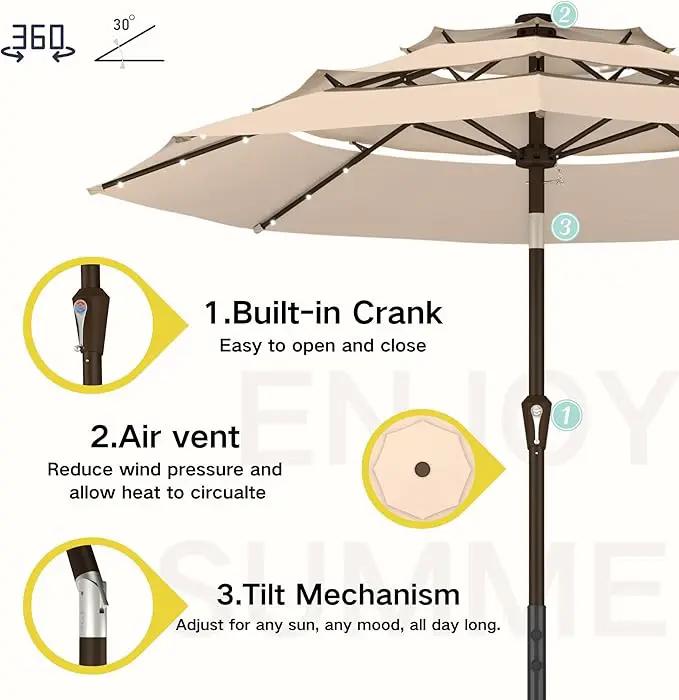 Kingdura 9ft 3-Tier Patio Umbrella with Solar Lights, Table Umbrella Outdoor Patio with Easy Crank & Tilt, 8 Sturdy Ribs, UV Protection, 32 LED Lights for Deck, Poolside, Market (Beige) by GreenHaven Gardens