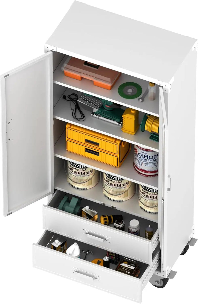 Metal Storage Cabinet with 2 Drawers, Garage Tool Cabinet on Wheels for Home Office,Assembly Required,White by GreenHaven Gardens