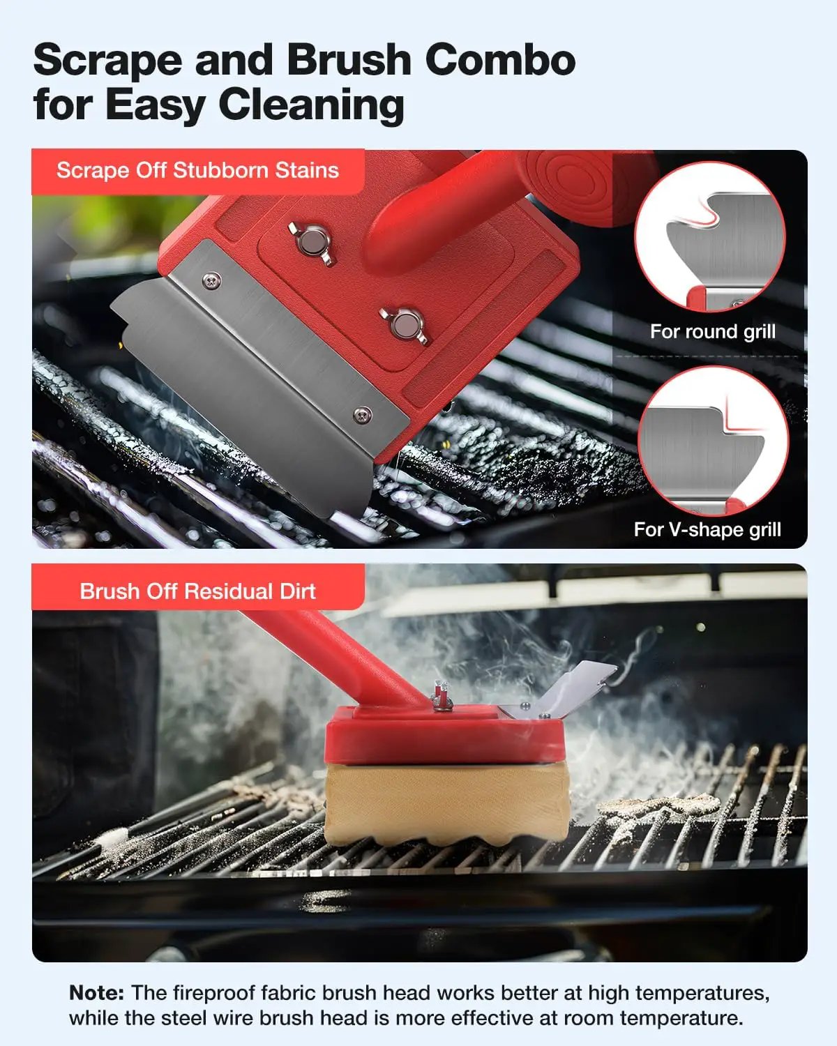 Grill Brush Bristle Free with Scraper 2 Replacement Heads, Steel Wire Replaceable Head and Fire-Resistant Fabric Replaceable Head by GreenHaven Gardens