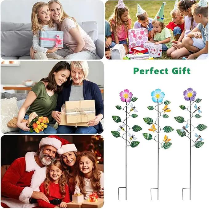 Set of 3 Solar Garden Lights,23'' H Flowers＆Insect Decorative Garden Stakes,Waterproof Metal Spring Yard Art Decor,Solar Stake Lights for Outside,Lawn,Yard,Patio by GreenHaven Gardens