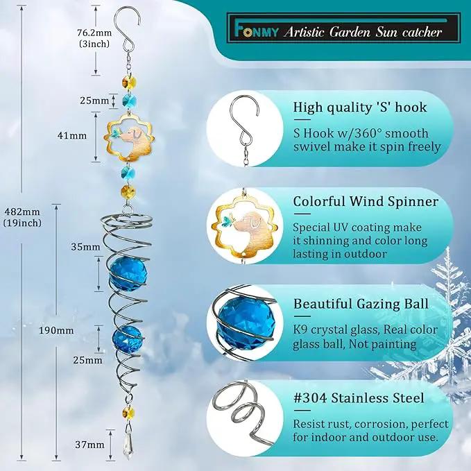 FONMY Dog Gazing Ball Spiral Tail Wind Spinner Sun Catcher Rainbow Maker Silver Double-Spiral W/Blue K9 Crystal Ball Tree Hanging Ornament Indoor Outdoor Garden Decor. -19.5inch H by GreenHaven Gardens