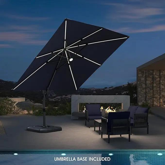 PURPLE LEAF 10 Feet Patio Umbrella with Base Outdoor Cantilever Solar Powered LED Square Umbrella Aluminum Offset Umbrella with 360-degree Rotation for Garden Deck Pool Patio Navy by GreenHaven Gardens