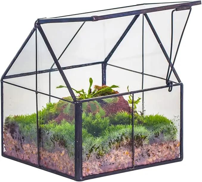 NCYP Mini Glass Geometric Terrarium with Lid - 4.25" x 4.25" x 4.92" Small House Shape Close Planter Pot for Succulents Plant - Handmade, Home Garden Office Tabletop Decor, Black (Terrarium Only) by GreenHaven Gardens