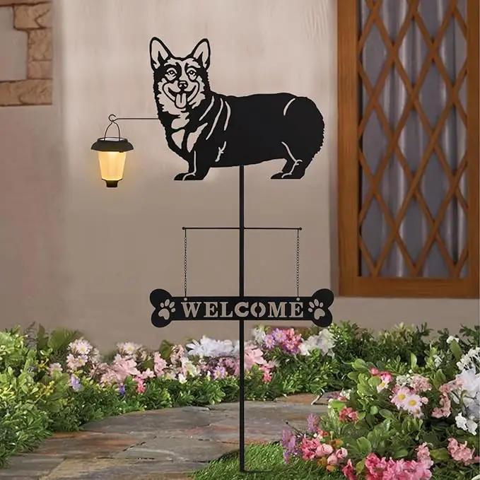 BAYN Solar Corgi Silhouette Dog Breed Welcome Sign with a Lantern Outdoor Decorative Garden Stakes for Yard, Lawn, Patio, Pathway by GreenHaven Gardens