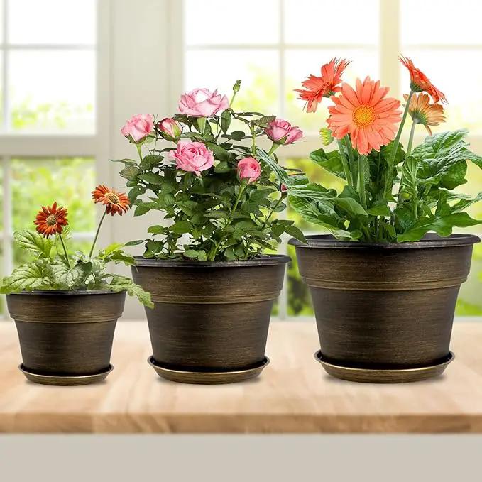 Plant Planters Pots Set of 4 Pack 9 Inch, Plastic Flower Pot for Indoor Plants with Drainage Holes & Trays, Resin Decorative Container Sets with Saucer for House Outdoor Garden Planters Dark Gold by GreenHaven Gardens