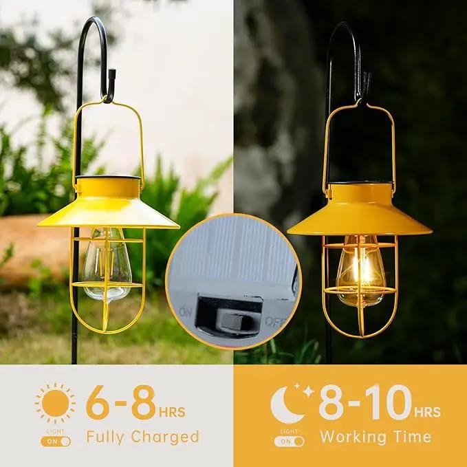 Solar Lights Lantern Lamp with Shepherd Hook, Solar Metal lanterns, outdoor lights decor, Water resistant Edison Bulb Lights for Garden ,outside decor for pathways,patio, lawn, or landscaping (Yellow) by GreenHaven Gardens