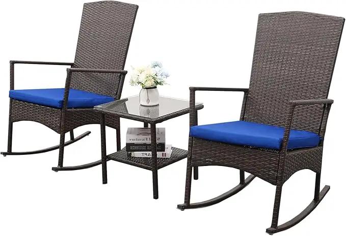 Rocking Chair Outdoor 3 Pieces High-Backed Patio Rocking Chairs Bistro Table and Chairs Set of 2, Royal Blue by GreenHaven Gardens