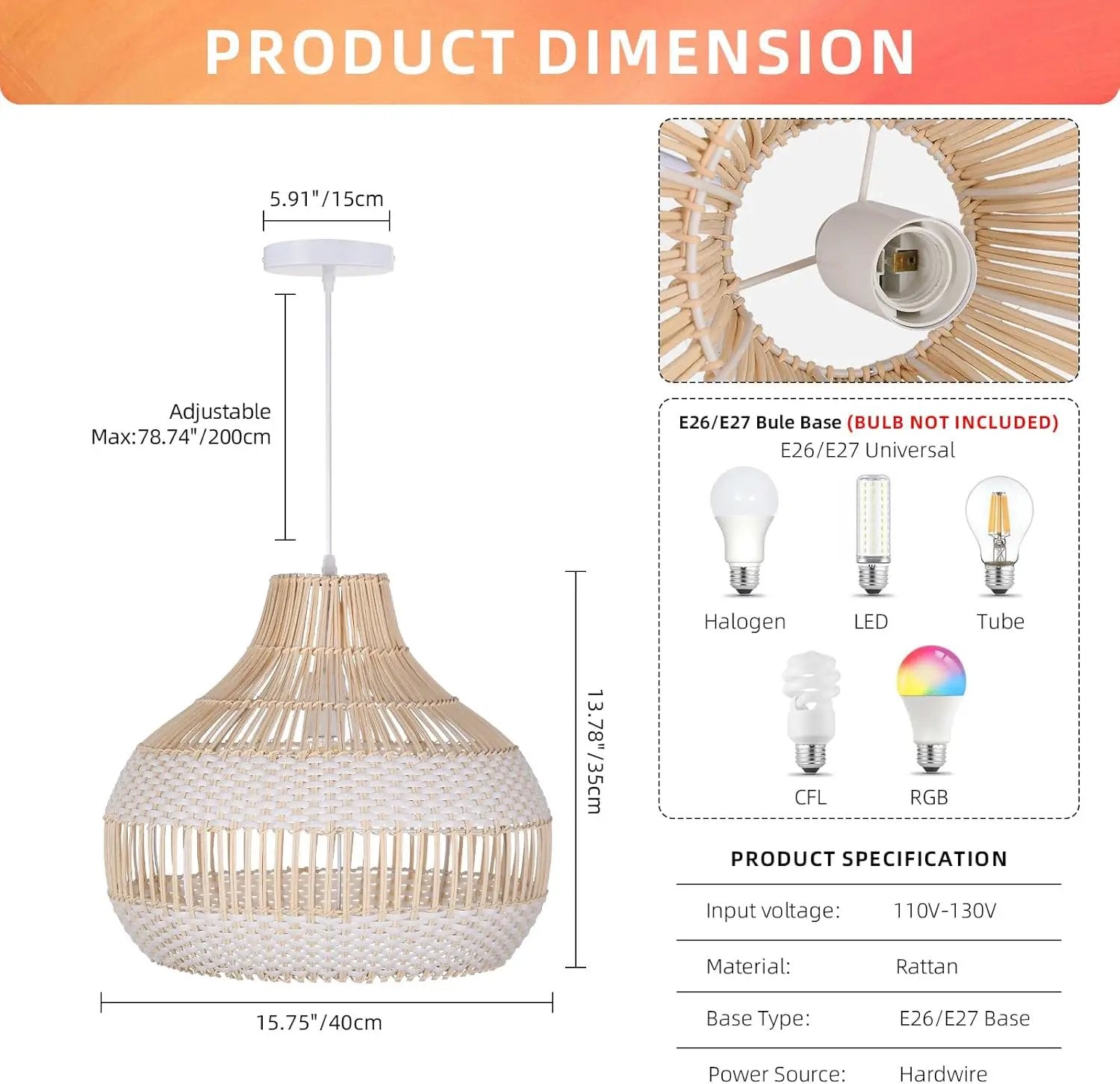 Arturesthome Rattan Chandelier for Kitchen Island,15.72" White Boho Woven Basket Pendant Light,Handmade Wicker Hanging Light for Living Room,Bedroom by GreenHaven Gardens