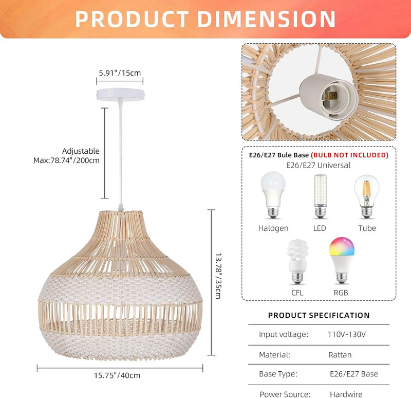 Arturesthome Rattan Chandelier for Kitchen Island,15.72" White Boho Woven Basket Pendant Light,Handmade Wicker Hanging Light for Living Room,Bedroom by GreenHaven Gardens