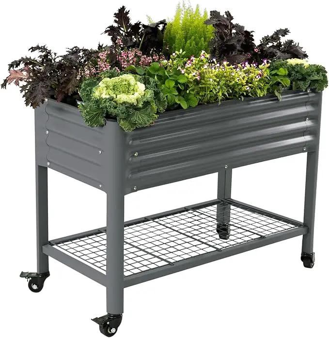 Rolling Elevated Raised Garden Bed-V Series, 2' x 4' Garden Beds with Legs & Storage Rack for Patio & Porch, 700 Lbs Weight Capacity, Outdoor Planter Box for Vegetables Flower Herbs, Modern Gray by GreenHaven Gardens