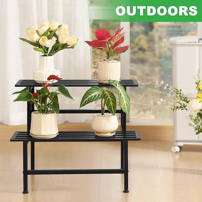 Metal Plant Stand Outdoor Plant Shelf Indoor,2 Tier Heavy Duty Ladder Plant Stands for Multiple Plants,26" L x 20.25" H x 17.75" W,Black by GreenHaven Gardens