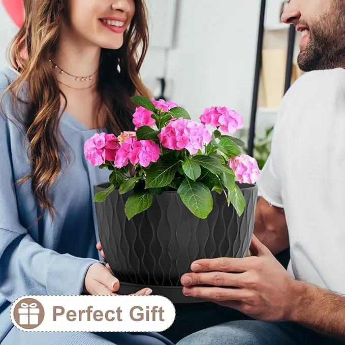 12 Inch Large Plant Pots for Indoor or Outdoor Plants, Wide Water Ripples Flower Pots with Drainage Holes & Saucer, Plastic Planters Set for Garden & Home Decor (Black) by GreenHaven Gardens