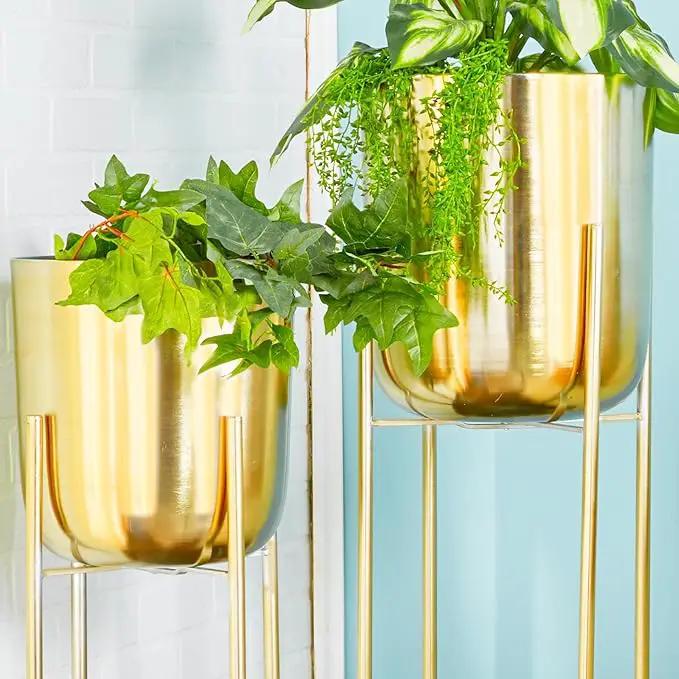 CosmoLiving by Cosmopolitan Metal Indoor Outdoor Planter Tall Indoor Outdoor Dome Large Planter Pot with Removable Stand, Set of 2 Planters 39", 46"H, Gold by GreenHaven Gardens