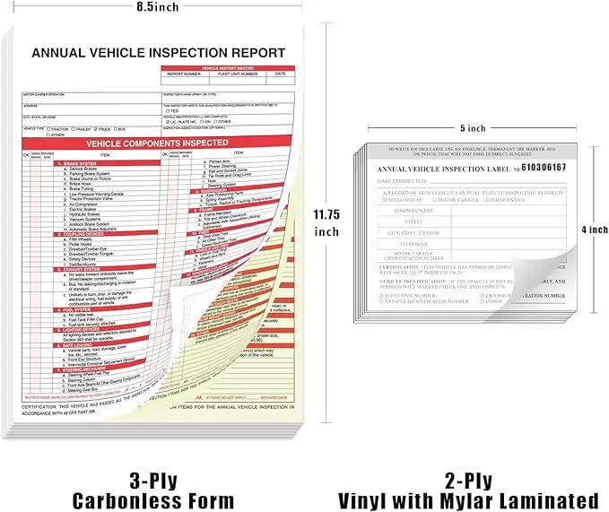Goldenfox DOT Inspection Forms and Stickers. 10-Pack,3-Ply Carbonless Annual Vehicle Inspection Report Form(8.5" x 11.75") with 2-Ply Vinyl White Interior Inspection Label(5"x4") by GreenHaven Gardens