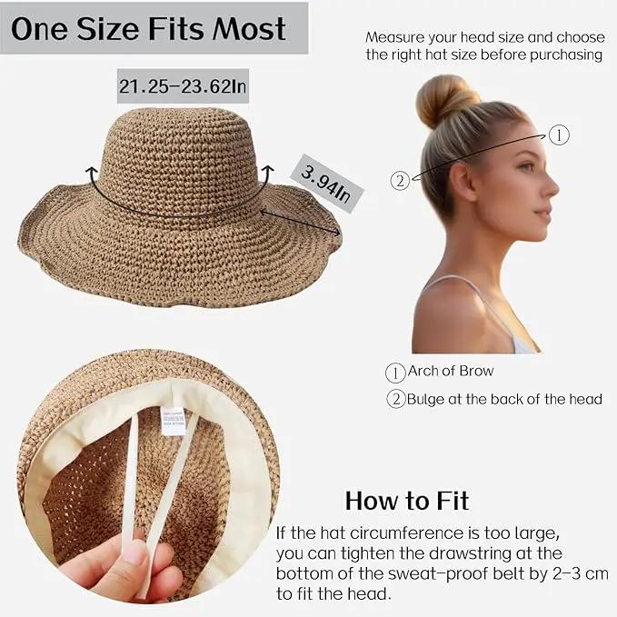 Womens Straw Beach Sun Hats, Foldable Packable Floppy Handmade Crochet Hats for Women,Large Summer Vacation Wide Brim Hat by GreenHaven Gardens