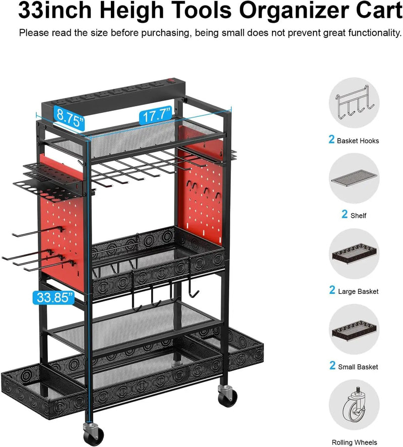 CCCEI Garage Power Tools Organizer Cart with Charging Station, Red Floor Standing Rolling Drill and Tools Battery Storage Cart on Wheels. Utility Rack Gift for Men, Husband, Father. by GreenHaven Gardens