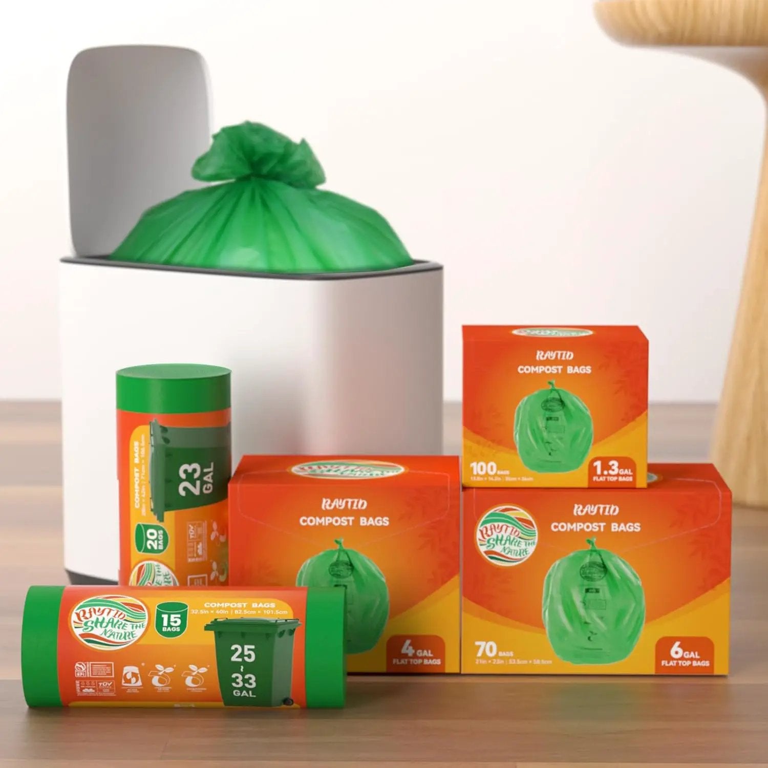 Compost Bags 1.3 Gallon,100 Count,Compostable Small Trash Bags for Kitchen Countertop Compost Bin 0.75, 1,1.2, 1.3Gallon,ASTM D6400, US BPI and Europe OK compost HOME certified by GreenHaven Gardens
