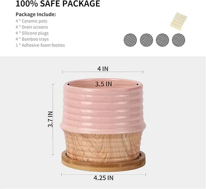 OMAYKEY 4 Inch Ceramic Plant Pot with Saucer, Water Transfer Printing Grain Planters Pots with Drainage Hole & Mesh Pads for Succulent, Indoor Flowers, Snake Plants, Cactus, Herbs, Set of 4 by GreenHaven Gardens
