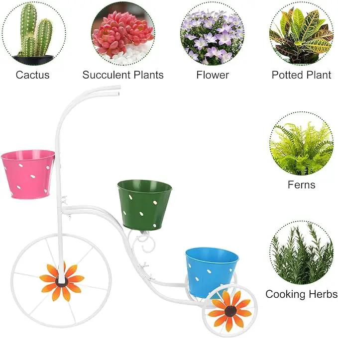 BAYN Bicycle Planter Stand, Metal Flower Pot Cart Holder Tricycle Planter with 3 Plant Bucket Outdoor Decorative for Patio, Deck, Garden, Lawn by GreenHaven Gardens