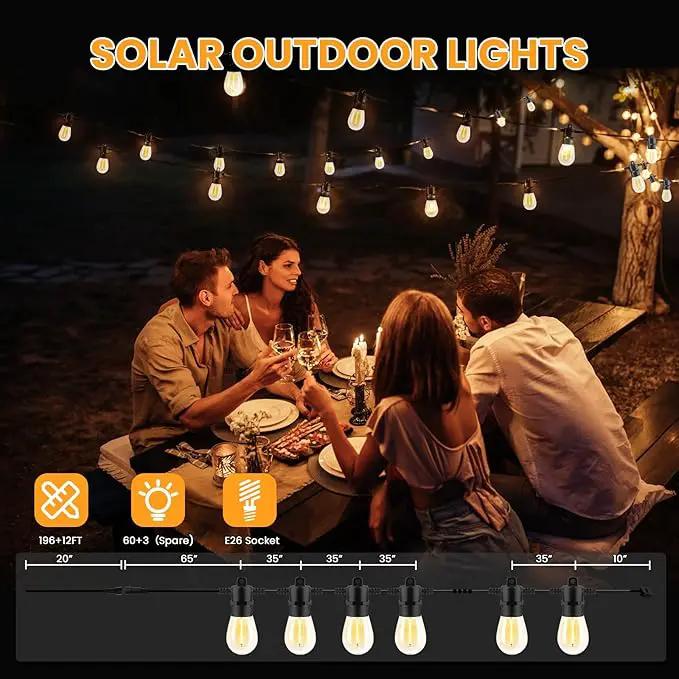 208FT(196+12) Solar String Lights Outdoor Waterproof, Solar Powered Patio Light with 60+3 Dimmable S14 Edison Bulbs Shatterproof & Remote Control, Solar String Lights for Outside Garden Backyard by GreenHaven Gardens