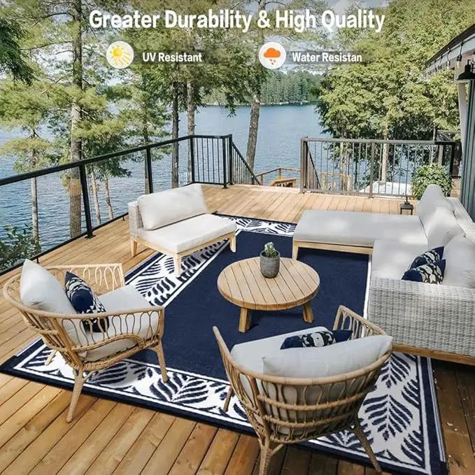 Outdoor Plastic Straw Rug, Waterproof Mat, Washable Large Floor Mat and Rug for Outdoors, RV, Beach, Patio, Camping, Backyard, Deck, Picnic, Outside (Olive-Leaf/Dark Blue&White,9x12ft) by GreenHaven Gardens