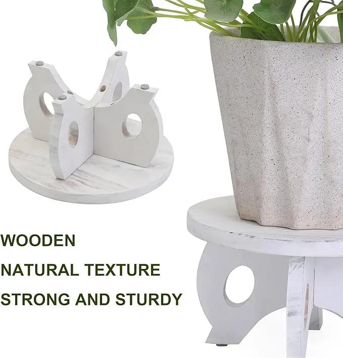 Small Plant Stand Kitchen Display Stand 10 inch Plant Holder Plant Stool Round Stand Risers Farmhouse Rustic Balcony Decor Pedestal Board Washed White by GreenHaven Gardens