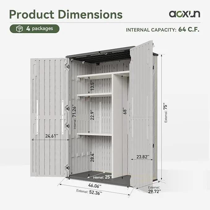 Aoxun 64 Cu.Ft Outdoor Storage Shed with Shelving Kit and Floor, Waterproof Horizontal Resin Cabinet for Trash Cans, Lawn Mowers, Generators, and Garden Tools by GreenHaven Gardens