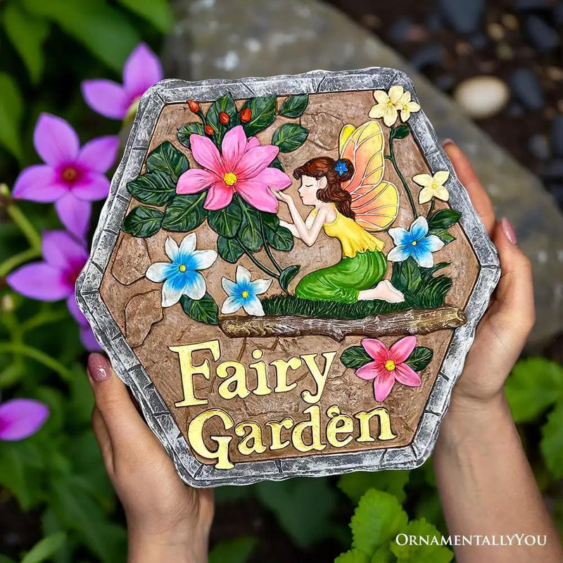 Elegant Resin Stepping Stone, Outdoor Garden Pathway Decoration (Fairy Kisses and Flowers Garden Stepping Stone, 9.5" Outdoor Decoration Statue) by GreenHaven Gardens