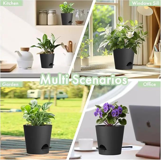 4 inch Self Watering Pots for Indoor Outdoor Plants, 6 Pack Plastic Flower Planters with Drainage Holes and Removable Saucers, Plant Pots with Wicking Rope, Modern Decor, Black by GreenHaven Gardens