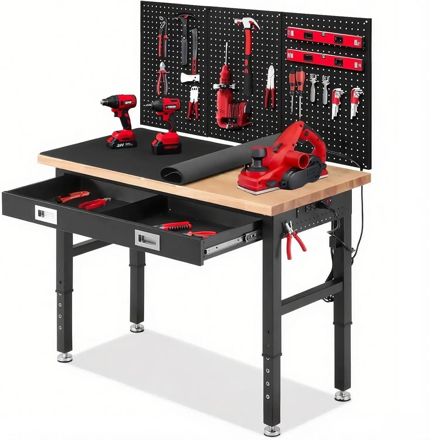 Work Bench for Garage 48 x 24 Inch Adjustable Height Workbenches with Drawers Heavy Duty Rubberwood Tabletop Work Table with Pegboard, Power Outlets for Office Home Commercial by GreenHaven Gardens