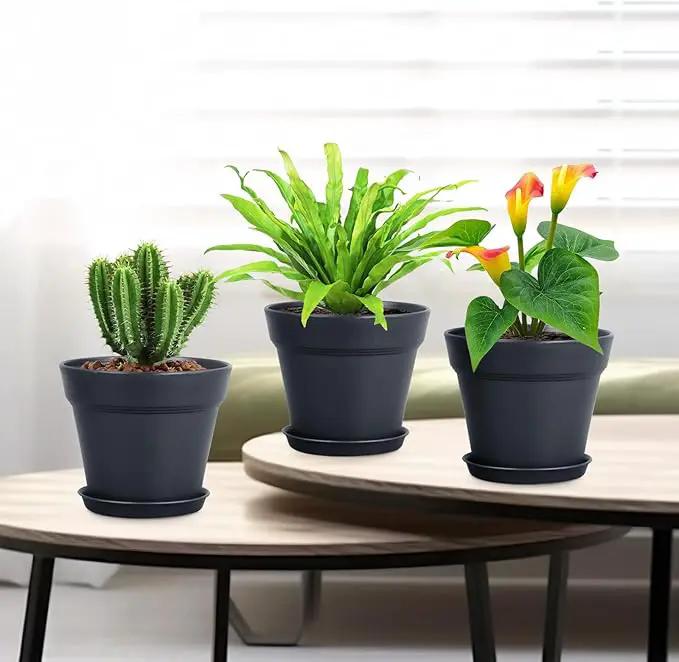 4 inch Small Plastic Nursery Pots, Seedling Pots, 16 Pack Plant Pots for Indoor Outdoor Plants, Flower Pots with Drainage Holes and Saucers, Decorative Planters for House Plants, Black by GreenHaven Gardens