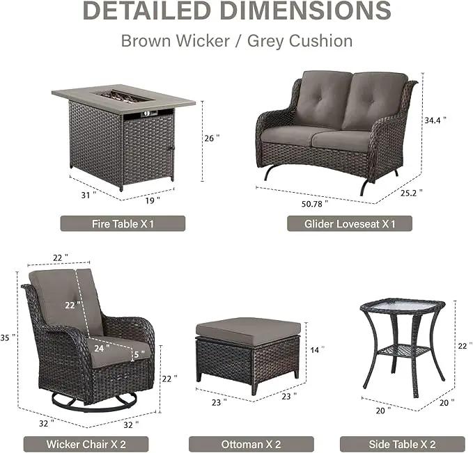 8 Piece Outdoor Patio Furniture Set - 41" CSA Propane Fire Pit Table Patio Conversation Set with Swivel Rocker Outdoor Chairs, Wicker loveseat and Ottoman for Outside Casual Gathering by GreenHaven Gardens