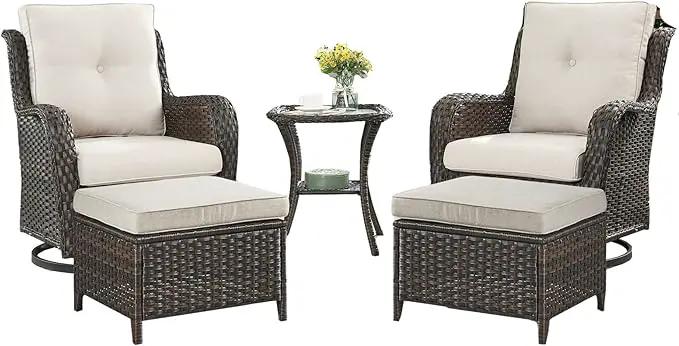 Outdoor Wicker Patio Furniture Set - 5 Pieces Rattan Patio Conversation Set with 2 Rocking Swivel Chairs,2 Ottomans and 1 Side Table for Porch Deck Backyard Garden(Brown/Beige) by GreenHaven Gardens
