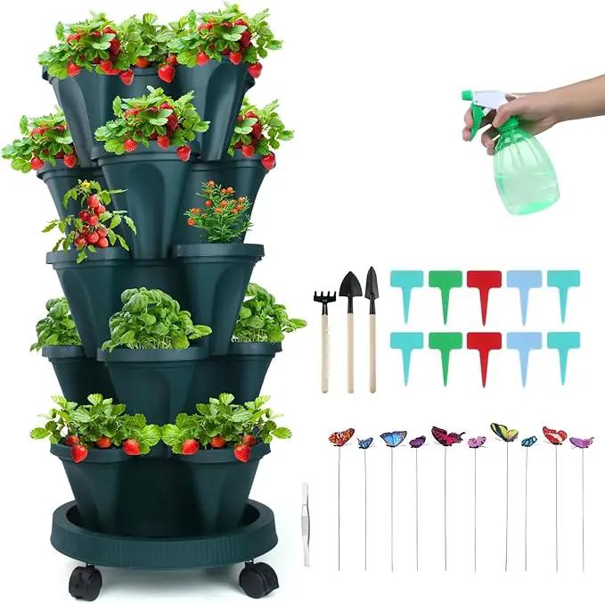 Vertical Planter, 5 Tier Stackable Strawberry Planter with Garden Tool Set, Movable Indoor/Outdoor Garden Herb Pot for Growing Vegetables and Succulents, Green by GreenHaven Gardens
