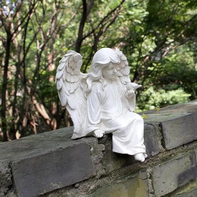 Angel Garden Statue, Sitting Angel Sculpture, Resin Angel with Bird Figurine for Patio Yard Porch Lawn Outdoor Decor Home Shelf Sitter Memorial Spiritual Gifts by GreenHaven Gardens