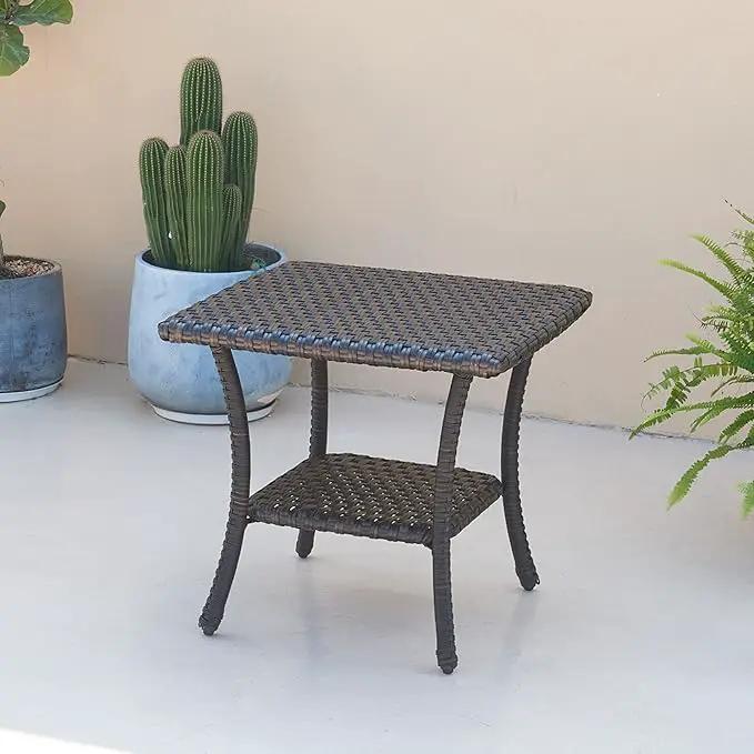 Patio Tables Outdoor Coffee Table - Wicker Rattan Side Tables with 2-Tier Storage Shelf End Table for Porch Deck Balcony Garden Outside Square Brown by GreenHaven Gardens