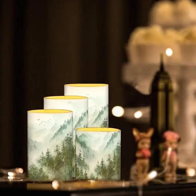 LED Flameless Candles Set Battery Operated Candles Pack of 4 with Remote Control Timer Dancing Flame Pillar Candles for Indoor Home Desktop Decoration, Mountain Tree Green by GreenHaven Gardens