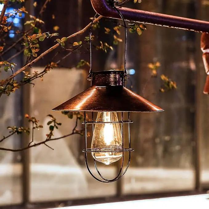 pearlstar Solar Lantern Outdoor Hanging Light Metal Farmhouse Solar Lamp with Warm White Edison Bulb Design for Garden Yard Patio Porch Decor (Brushed Copper) by GreenHaven Gardens