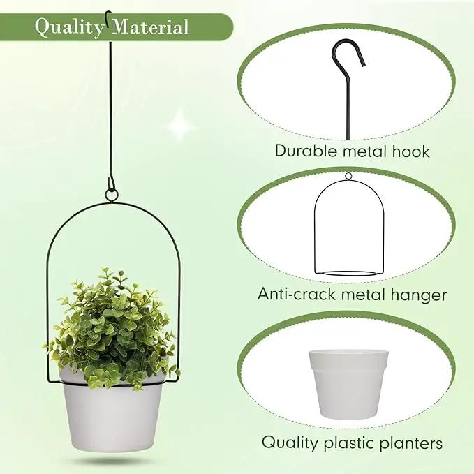 Hushee 6 Packs Metal Hanging Planters for Outdoor Indoor Plants Plant Hanger with 6.3'' Plastic Pots Hanging Planter Basket for Garden Home Porch Decor (White) by GreenHaven Gardens